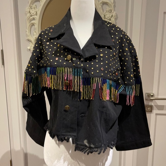 The Kooples Cropped Jean Jacket with Fringe - Picture 2 of 5